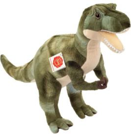 Grünes Plüsch-T-Rex-Dinosaurier-Spielzeug mit seitlichem Etikett, stehend vor weißem Hintergrund.