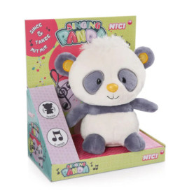 Plüsch-Panda mit grauen Ohren und Augenflecken in bunter Verpackung mit der Aufschrift Singing Panda.