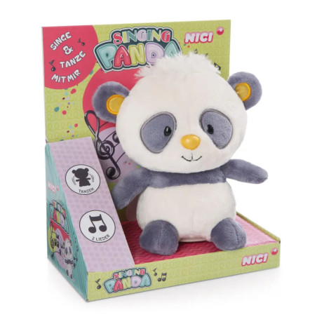 Plüsch-Panda mit grauen Ohren und Augenflecken in bunter Verpackung mit der Aufschrift Singing Panda.