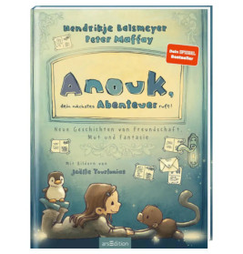 Buchcover: Ein Mädchen und Tiere betrachten ein leuchtendes Buch, deutscher Text zu Anouk und neuen Abenteuergeschichten.