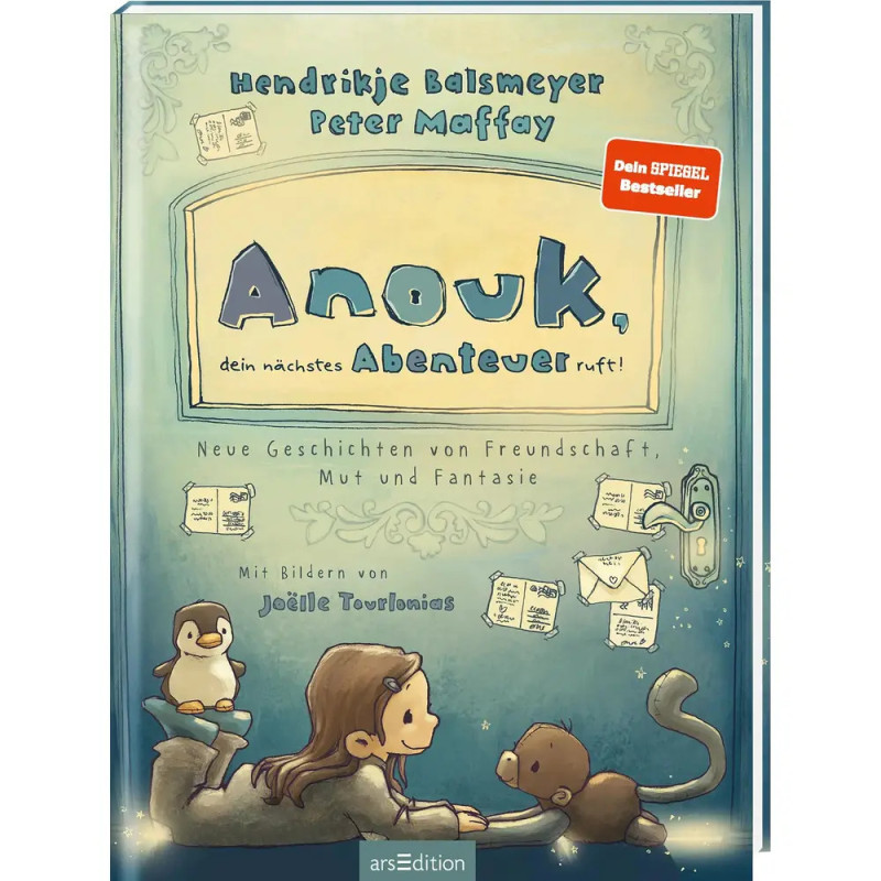 Buchcover: Ein Mädchen und Tiere betrachten ein leuchtendes Buch, deutscher Text zu Anouk und neuen Abenteuergeschichten. Buchcover: Ein Mädchen und Tiere betrachten ein leuchtendes Buch, deutscher Text zu Anouk und neuen Abenteuergeschichten.