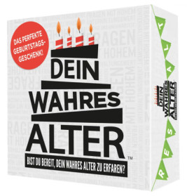Deutsche Brettspielschachtel mit Kuchen, Kerzen, dem Titel Dein Wahres Alter und rotem Geburtstagslabel.