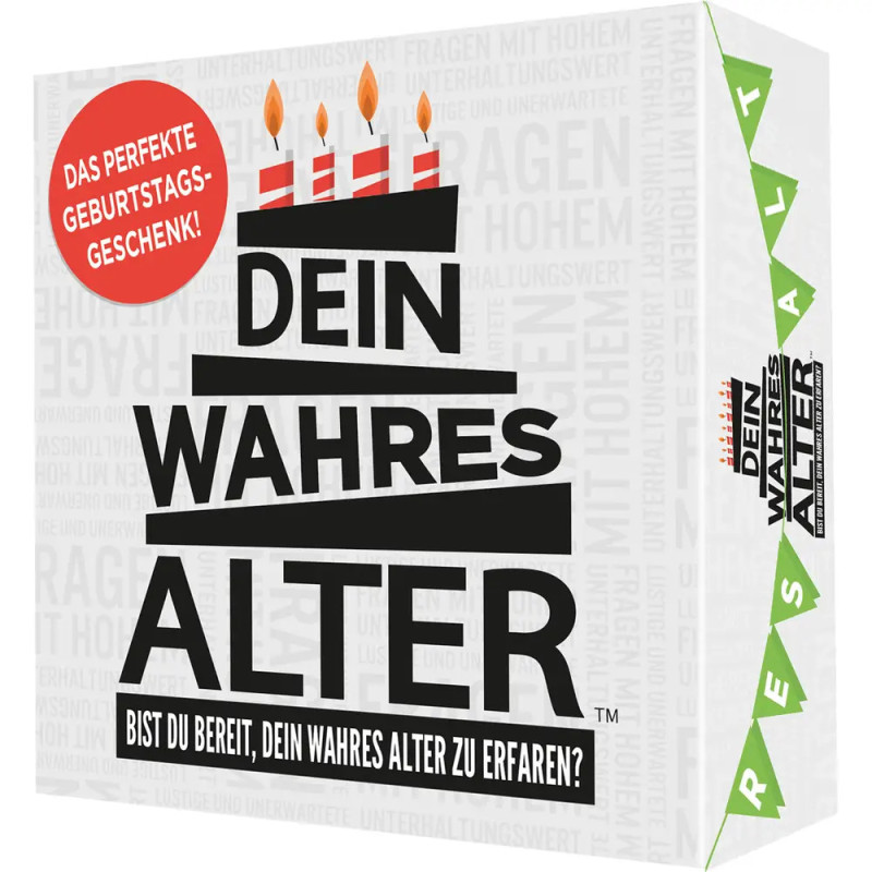 Deutsche Brettspielschachtel mit Kuchen, Kerzen, dem Titel Dein Wahres Alter und rotem Geburtstagslabel.