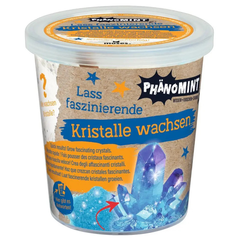 Behälter für Kristalle-züchten-Set mit Aufschrift Kristalle wachsen und blauen Kristallen auf der Vorderseite.