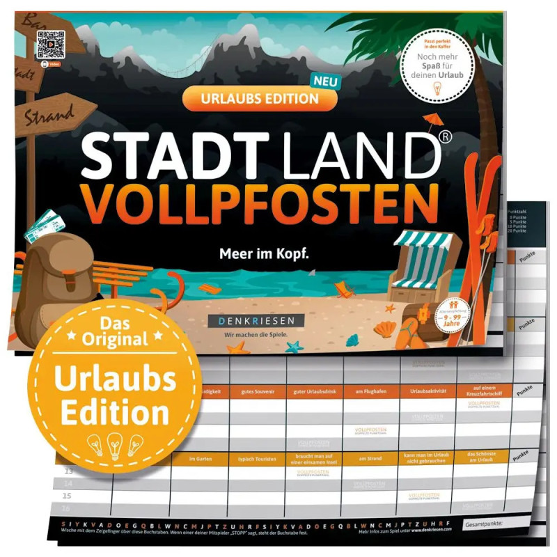 Bunt gestaltete Spielebox auf Deutsch mit Strandmotiv und dem Titel Stadt Land Vollpfosten Urlaubs Edition.
