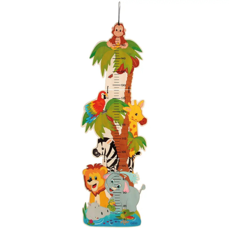 Bunte Messlatte mit Tiermotiven: Affe, Papagei, Giraffe, Zebra, Löwe, Elefant und Palmen. Bunte Messlatte mit Tiermotiven: Affe, Papagei, Giraffe, Zebra, Löwe, Elefant und Palmen.