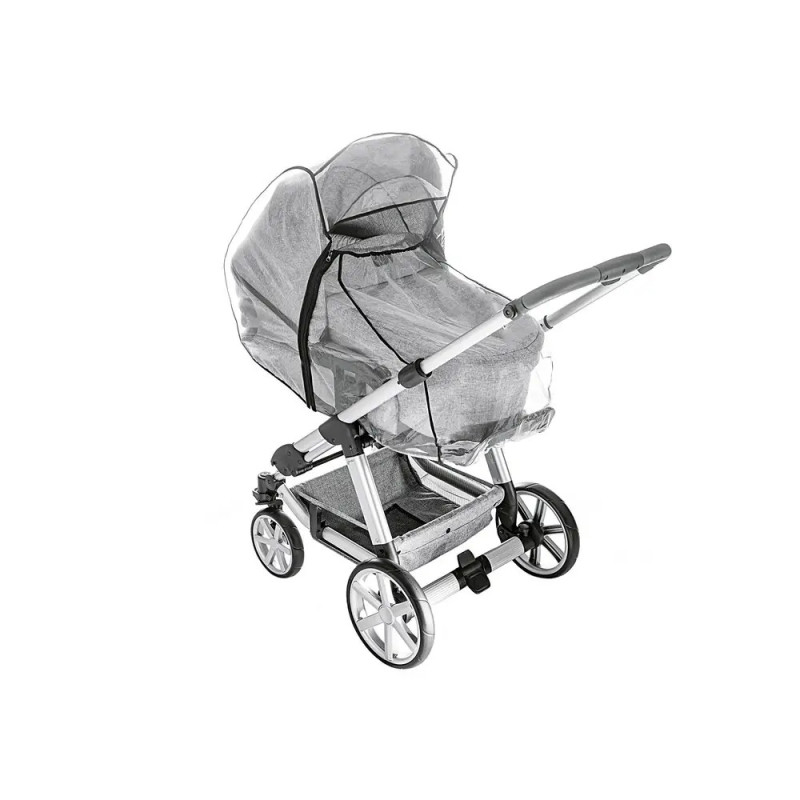 Kinderwagen mit transparenter Regenhaube vor weißem Hintergrund.