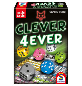Spieleschachtel von Clever 4Ever mit bunten Würfeln und Spielzettel, Verlag Schmidt Spiele.