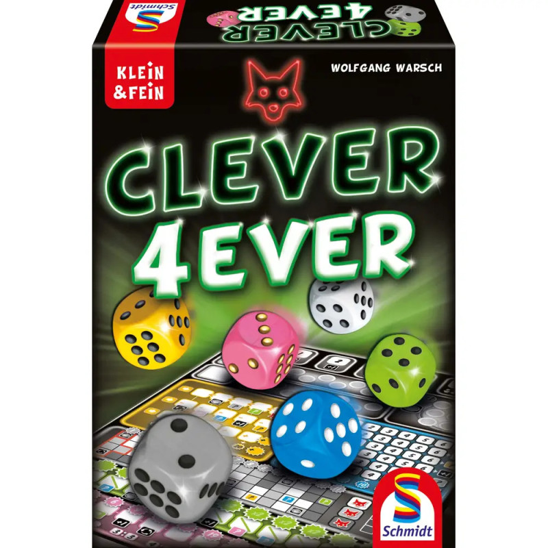Spieleschachtel von Clever 4Ever mit bunten Würfeln und Spielzettel, Verlag Schmidt Spiele. Spieleschachtel von Clever 4Ever mit bunten Würfeln und Spielzettel, Verlag Schmidt Spiele.