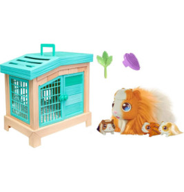 Spielzeug-Meerschweinchen-Set mit türkis-beigem Käfig, Figuren, Bürste und grünem Gemüse-Zubehör.