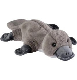 Plüsch-Schnabeltier mit grauem und braunem Fell, schwarzen Augen und weichem Schnabel liegt auf dem Bauch.