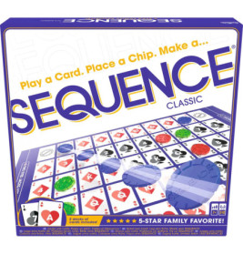 Sequence-Spielbox mit Chips, Karten und dem Slogan: Karte spielen. Chip setzen. Sequenz bilden.