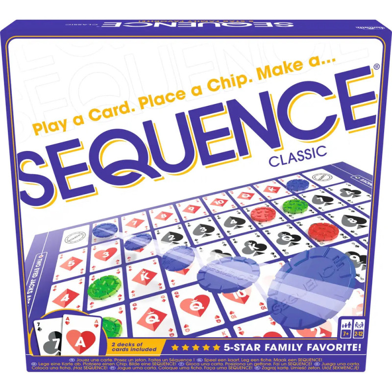 Sequence-Spielbox mit Chips, Karten und dem Slogan: Karte spielen. Chip setzen. Sequenz bilden.