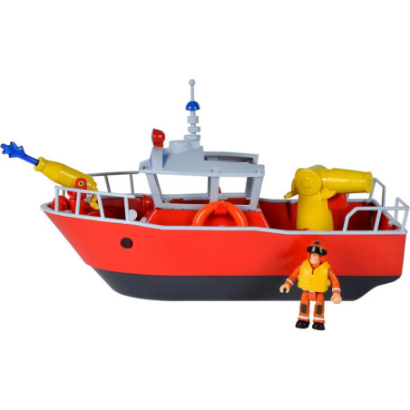 Spielzeug-Feuerwehrboot mit zwei gelben Wasserkanonen und einer Feuerwehrfigur in orangener Ausrüstung daneben. Spielzeug-Feuerwehrboot mit zwei gelben Wasserkanonen und einer Feuerwehrfigur in orangener Ausrüstung daneben.