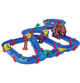 Blaues Wasserspielset aus Kunststoff mit gewundenen Kanälen, Brücken, Wasserrad und kleinen grünen Bäumen.