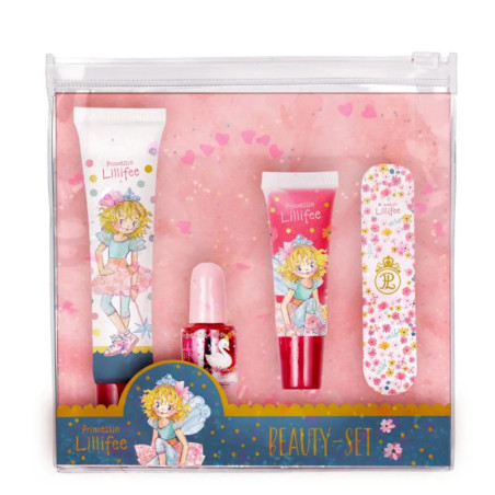 Beauty-Set mit Feenmotiven: Handcreme, Lipgloss, Nagellack und Feile in transparenter Tasche.