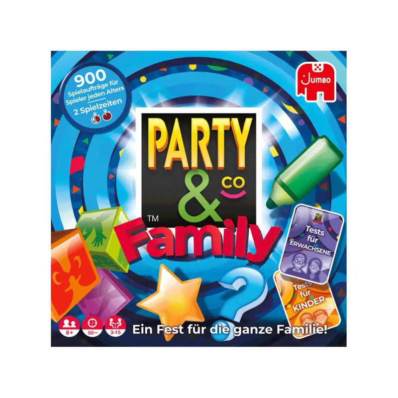 Party & Co Family Brettspiel mit buntem Karton, Spielfiguren, Karten und deutschsprachigem Text.