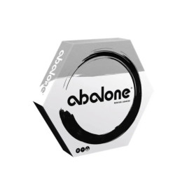 Sechseckige Abalone-Spielbox mit schwarzem Kreis-Pinselstrich und markantem Logo auf weißem Hintergrund.