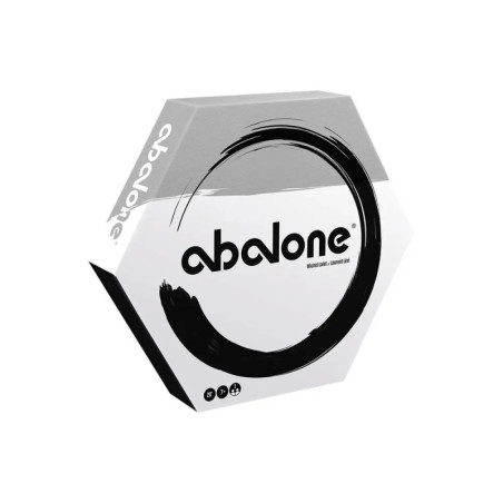 Sechseckige Abalone-Spielbox mit schwarzem Kreis-Pinselstrich und markantem Logo auf weißem Hintergrund. Sechseckige Abalone-Spielbox mit schwarzem Kreis-Pinselstrich und markantem Logo auf weißem Hintergrund.