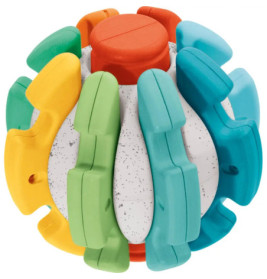 Bunter Ball mit strukturierter Oberfläche, ineinandergreifenden Segmenten in Gelb, Grün, Blau, Orange um weißen Kern.