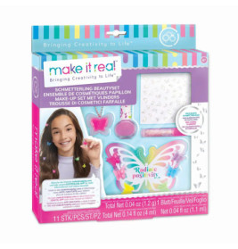 Make It Real Schminkset-Box mit Schmetterlingsmotiv, einem lächelnden Mädchen und buntem Make-up auf der Vorderseite.