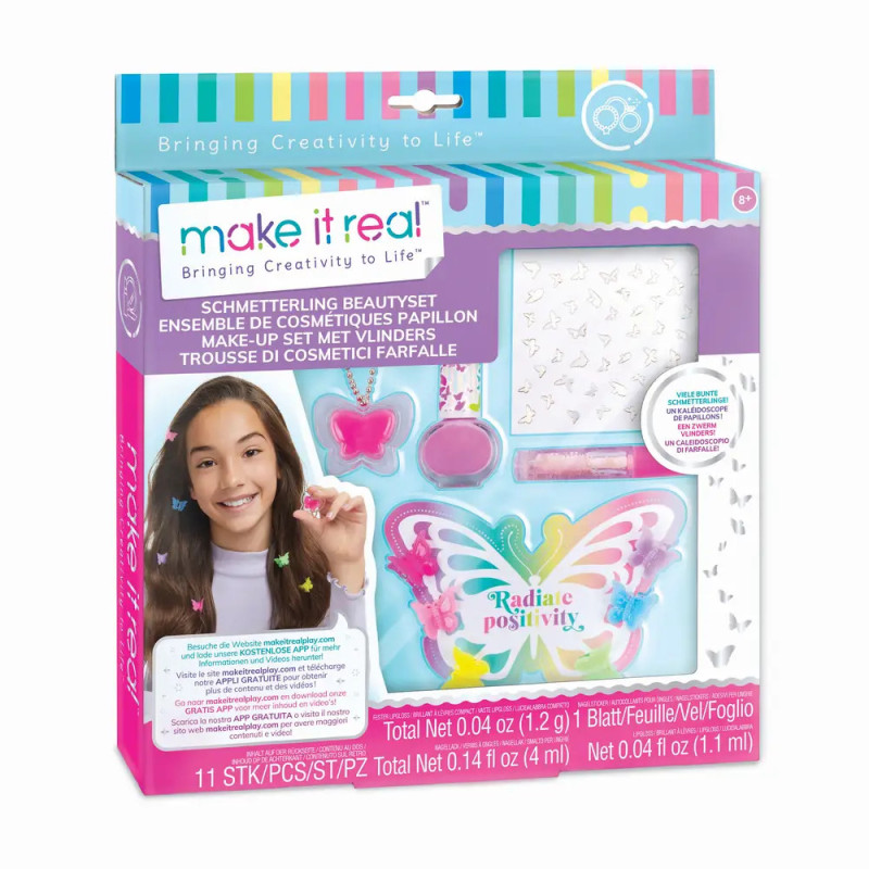 Make It Real Schminkset-Box mit Schmetterlingsmotiv, einem lächelnden Mädchen und buntem Make-up auf der Vorderseite.