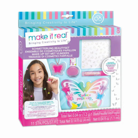 Make It Real Schminkset-Box mit Schmetterlingsmotiv, einem lächelnden Mädchen und buntem Make-up auf der Vorderseite.