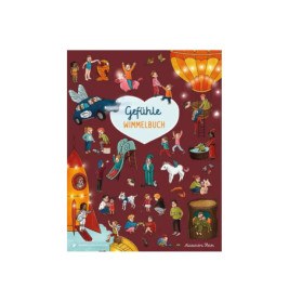 Illustriertes Buchcover mit Kindern, Tieren, Heißluftballon, Rakete und spielerischen Szenen auf rotem Hintergrund.