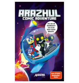 Cartoon-Roboter und Aliens steuern ein Raumschiff im All, Comiccover mit dem Titel Arazhul Comic Adventure.