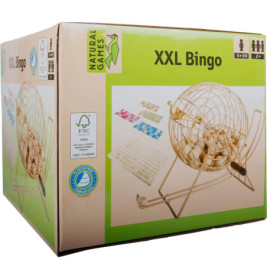 XXL-Bingo-Set mit Metall-Bingokäfig, Kugeln, Karten und Altersangabe 5 bis 99 Jahre auf der Verpackung.