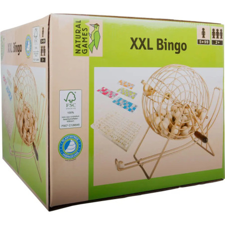 XXL-Bingo-Set mit Metall-Bingokäfig, Kugeln, Karten und Altersangabe 5 bis 99 Jahre auf der Verpackung.