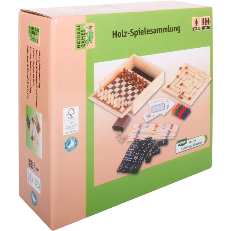 Box mit Holz-Spielesammlung, auf der Vorderseite sind verschiedene Holzspiele und Brettspiele abgebildet. Box mit Holz-Spielesammlung, auf der Vorderseite sind verschiedene Holzspiele und Brettspiele abgebildet.