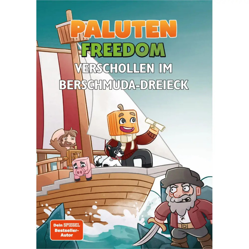 Cartoonfiguren wie ein eckiger Kopf, Schwein, Katze und ein Pirat mit Schwert auf einem Schiff im Meer.