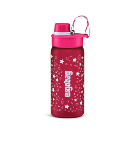 Rosa Trinkflasche mit Deckel, weißen Sternen und dem vertikal aufgedruckten Schriftzug cello gracy auf der Front.