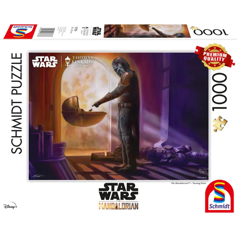 Ein Mandalorianer zeigt auf Grogu in seiner Schwebe-Kapsel Motiv der 1000-Teile-Puzzlebox Star Wars Mandalorian. Ein Mandalorianer zeigt auf Grogu in seiner Schwebe-Kapsel Motiv der 1000-Teile-Puzzlebox Star Wars Mandalorian.
