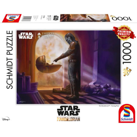 Ein Mandalorianer zeigt auf Grogu in seiner Schwebe-Kapsel Motiv der 1000-Teile-Puzzlebox Star Wars Mandalorian.