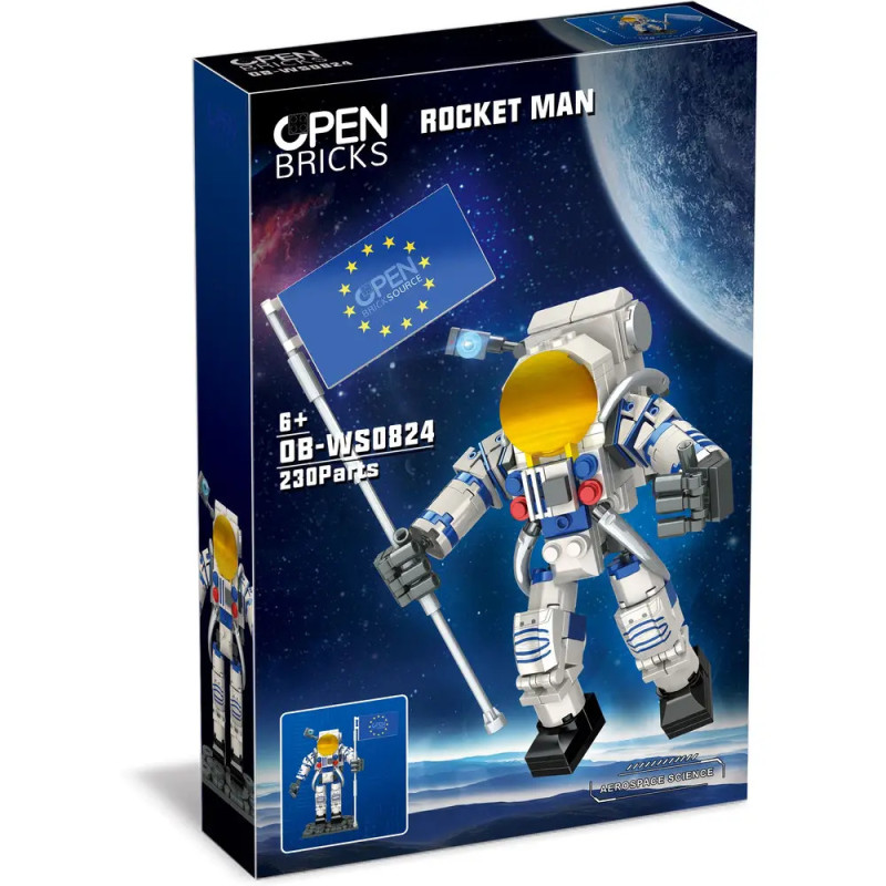 Bauset-Box mit Raketenmann und Astronaut aus Bausteinen, der eine Sternenflagge vor Weltraumhintergrund hält.
