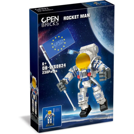 Bauset-Box mit Raketenmann und Astronaut aus Bausteinen, der eine Sternenflagge vor Weltraumhintergrund hält.