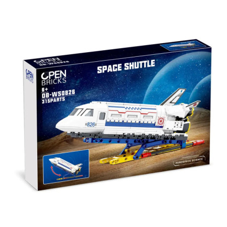 OPEN BRICKS Space Shuttle Bauset mit 315 Teilen für Kinder ab 6 Jahren, Abbildung der Raumfähre auf der Verpackung.