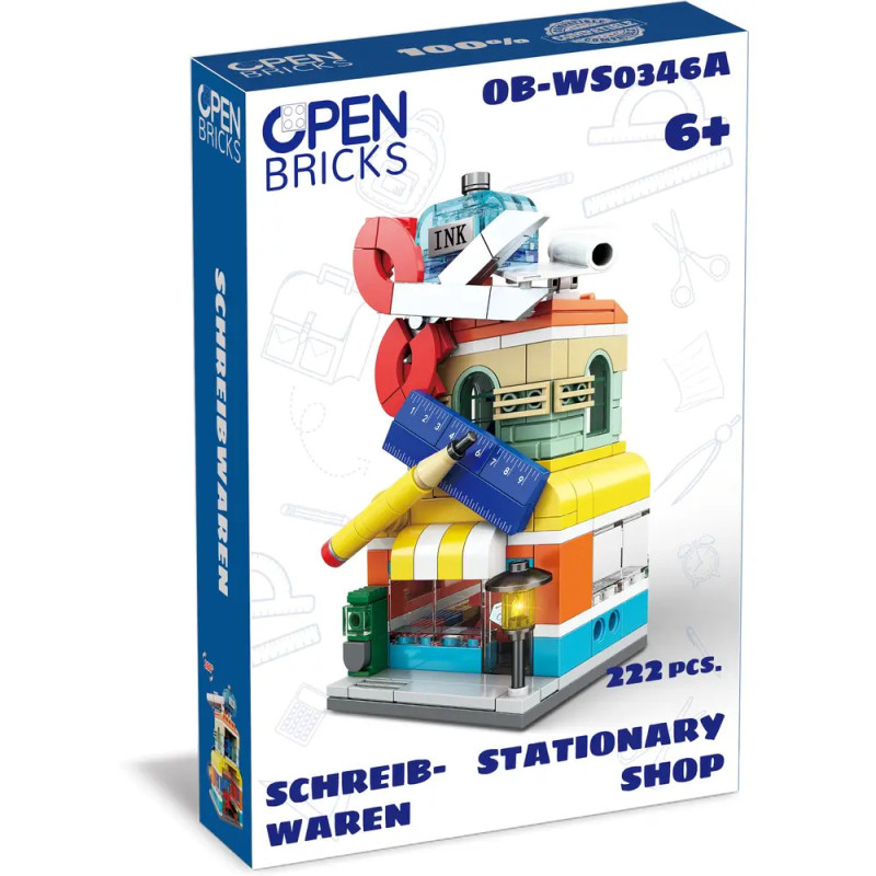 Baustein-Set-Box mit buntem Schreibwarengeschäft, empfohlen ab 6 Jahren.