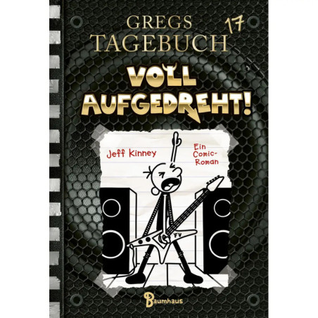 Cover von Gregs Tagebuch 17: Voll aufgedreht! mit gezeichnetem Jungen, der Gitarre zwischen Lautsprechern spielt.