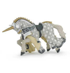 Detailreiches Einhorn-Spielzeug mit goldenem Horn, weiß-silberner Rüstung und verzierten Mustern.