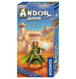Box von Andor Junior: Die Gefahr aus dem Schatten mit jungem Helden und Stab vor einer Burg.