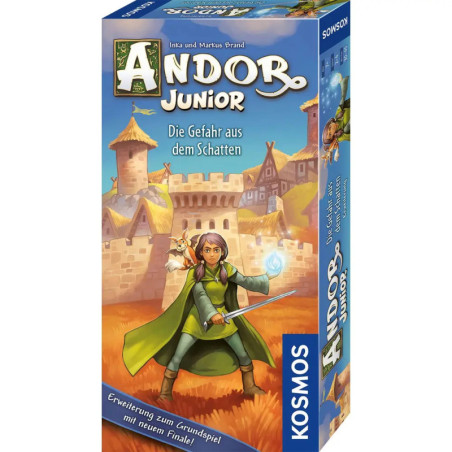 Box von Andor Junior: Die Gefahr aus dem Schatten mit jungem Helden und Stab vor einer Burg.