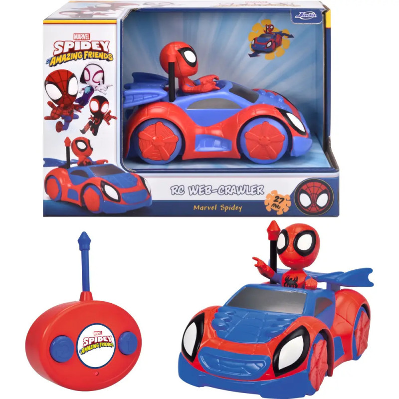 RC Spidey Web-Crawler Spielzeugauto mit Spidey-Figur, Fernbedienung und Verpackung mit Spidey-Grafik. RC Spidey Web-Crawler Spielzeugauto mit Spidey-Figur, Fernbedienung und Verpackung mit Spidey-Grafik.