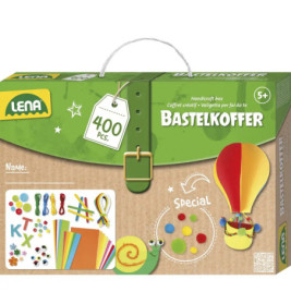Lena Bastelset mit 400 Teilen, bunten Bastelmaterialien und Heißluftballon-Illustration auf der Verpackung.