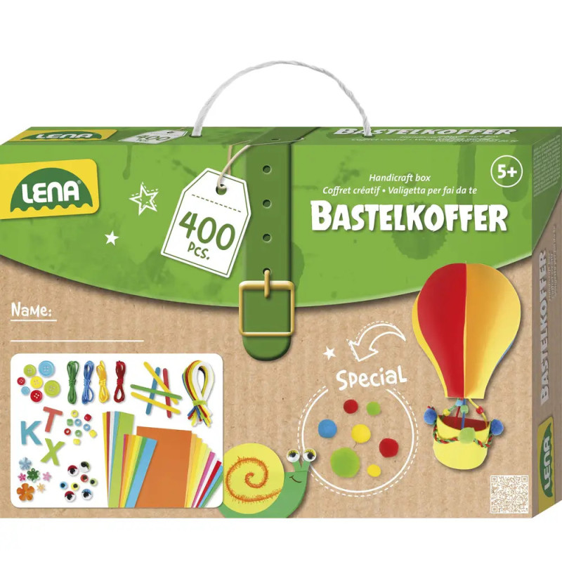 Lena Bastelset mit 400 Teilen, bunten Bastelmaterialien und Heißluftballon-Illustration auf der Verpackung.