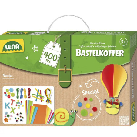 Lena Bastelset mit 400 Teilen, bunten Bastelmaterialien und Heißluftballon-Illustration auf der Verpackung.