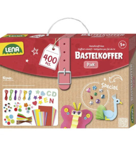 Lena Bastelkoffer mit 400 Teilen, Abbildungen von Bastelmaterial und pinkem Gürteldesign.
