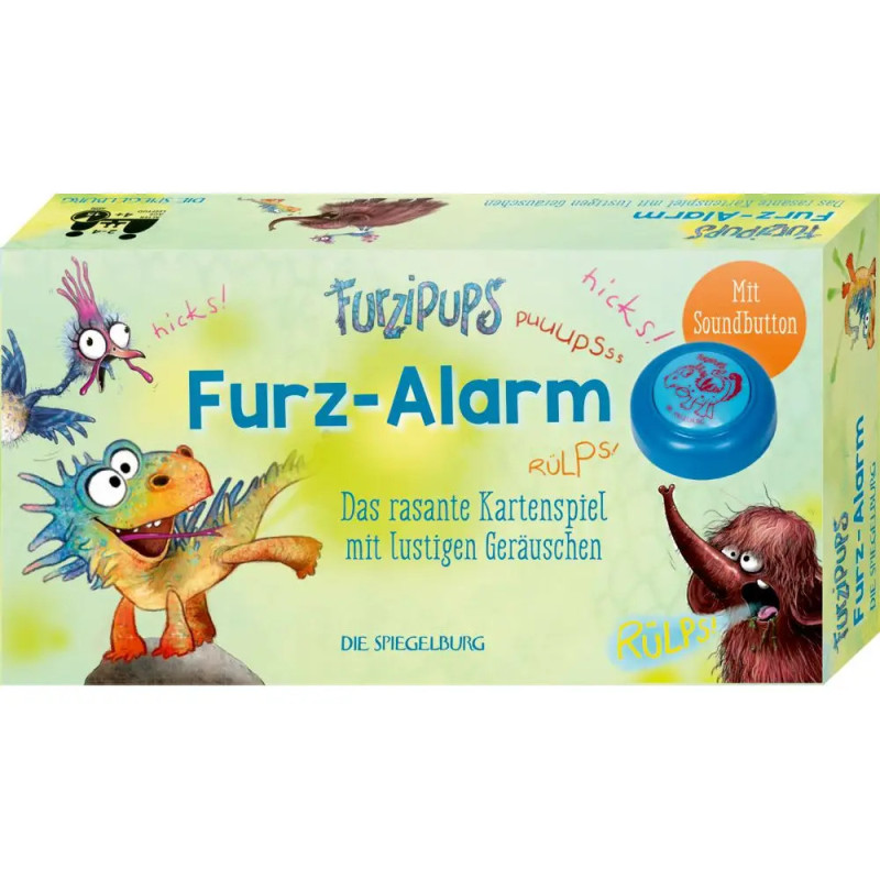 Box des Furz-Alarm-Kartenspiels mit Comic-Monstern und blauem Soundknopf auf der Verpackung. Box des Furz-Alarm-Kartenspiels mit Comic-Monstern und blauem Soundknopf auf der Verpackung.